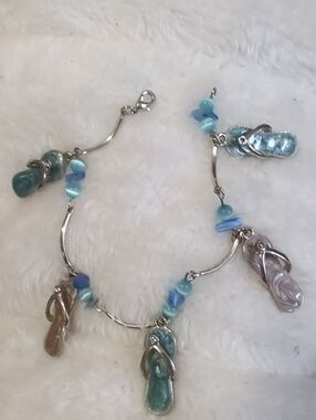 Flip Flop Bracelet Cats Eye Beads Rhinestones Enamel Silver Beach Vacation NWOT